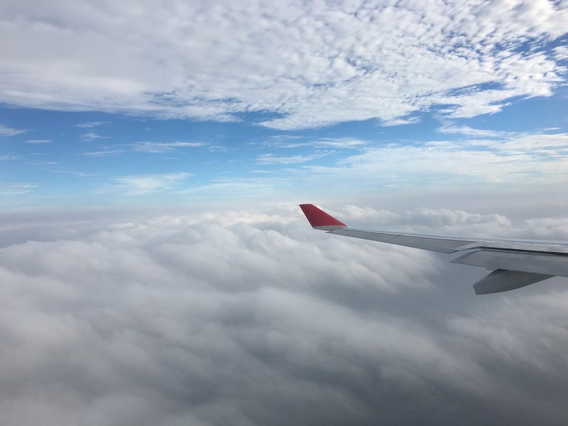 高空云层上的飞机机翼图片