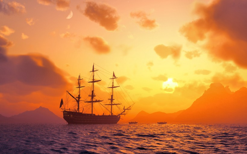 夕阳下的帆船图片