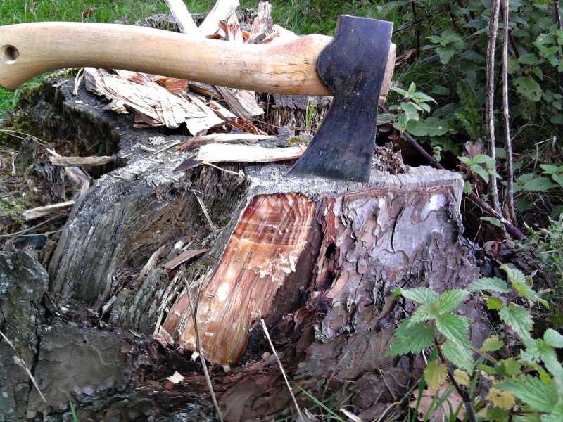 砍在木头上的斧头图片