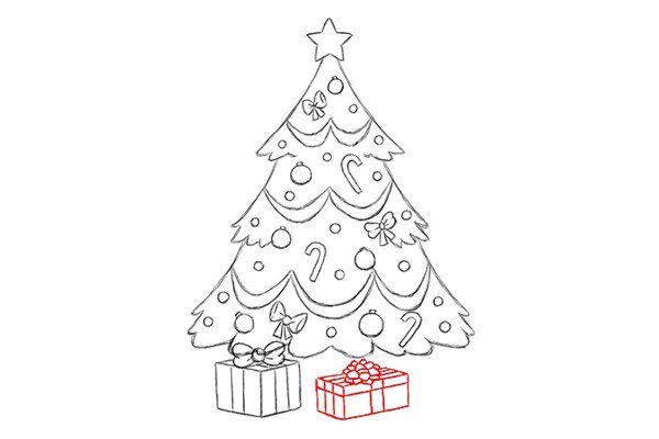 11.圣诞树正前方画上另外形状不同的一个礼物。