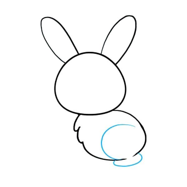6.画一条曲线穿过兔子的身体，几乎围成一个圆,这是兔子的腿。画一只脚，用一条曲线把腿下面的圆形包裹起来。