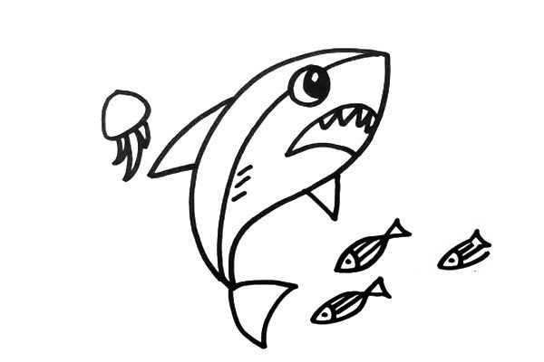 3.然后加上大大的嘴巴和尖牙，再画出鱼鳍和海洋中的一些小生物。