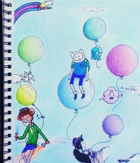 六一儿童节气球绘画作品之和气球一起飞