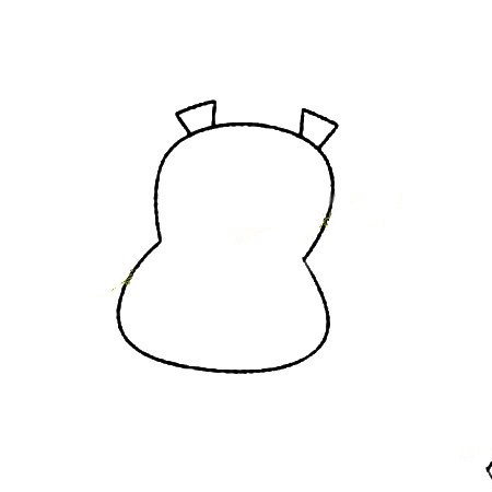 1.先画河马葫芦形的头和它的小耳朵。
