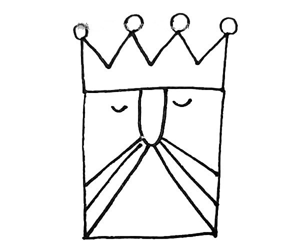 第四步：从鼻子中间向两边画上斜线作为国王的胡子。