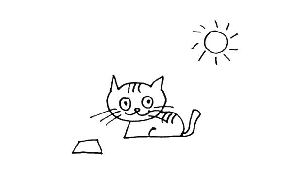 第五步：在小猫前面画上吃饭的容器，在它的后面画上太阳。