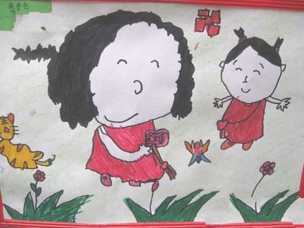 端午节习俗儿童画图片：戴香包
