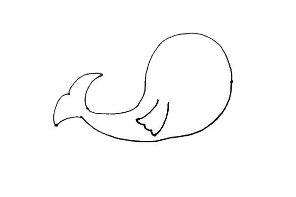 第三步：在尾部画上两条散发出去的弧线，再连起来，手也是先画出两条弧线再用波浪线连起来。