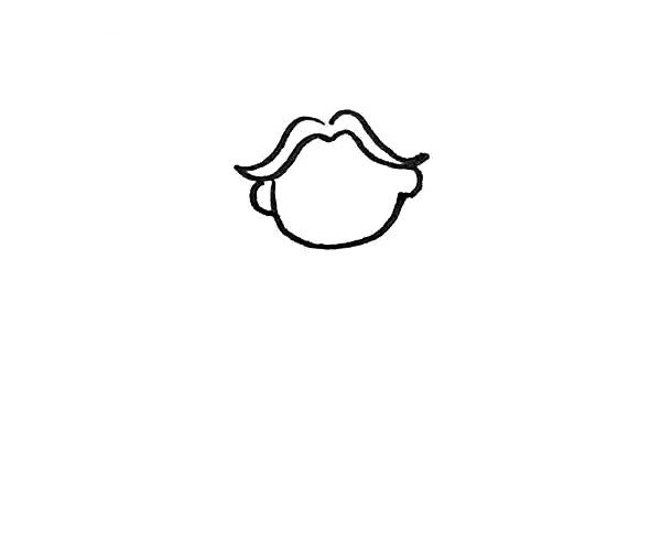 第二步：在下面画上半个圆形作脸，左右两边画上两个小的半圆作为耳朵。