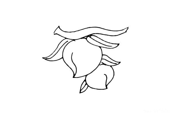 第三步：在旁边画上另外一个桃子，两边也要画上叶子。