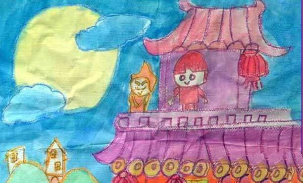 幼儿中秋节儿童画水彩画图片：登高望月