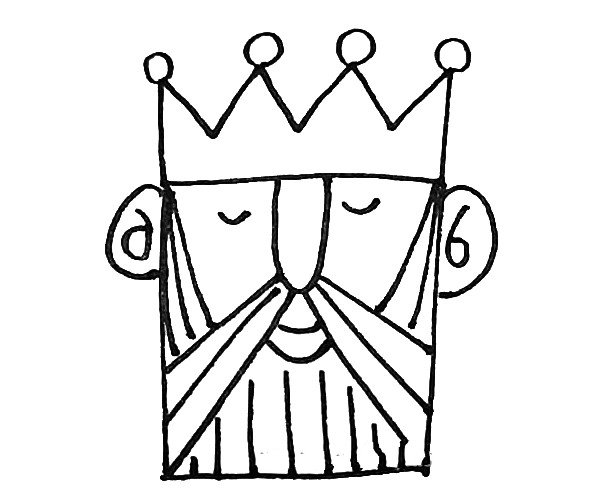 第六步：画上国王两边的胡子，用弧线来表示，下面的胡子用竖线来表示。
