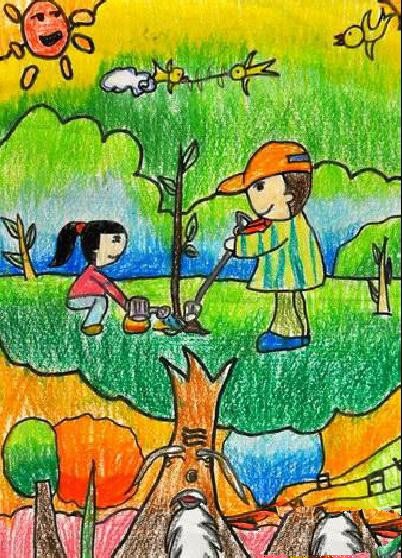 种树的小兄妹有关植树节图画分享