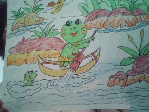 划船的小青蛙儿童画画作品