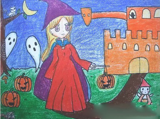 万圣节儿童画图片-提着南瓜灯的小女巫
