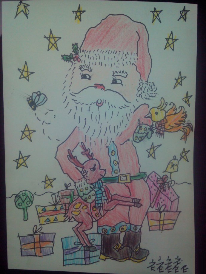儿童画圣诞老人和驯鹿