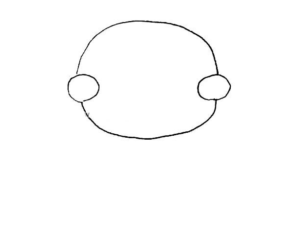 第一步：先画上两个椭圆形的小圆，然后绕着小圆画一个大的椭圆形，作为熊本熊的头。