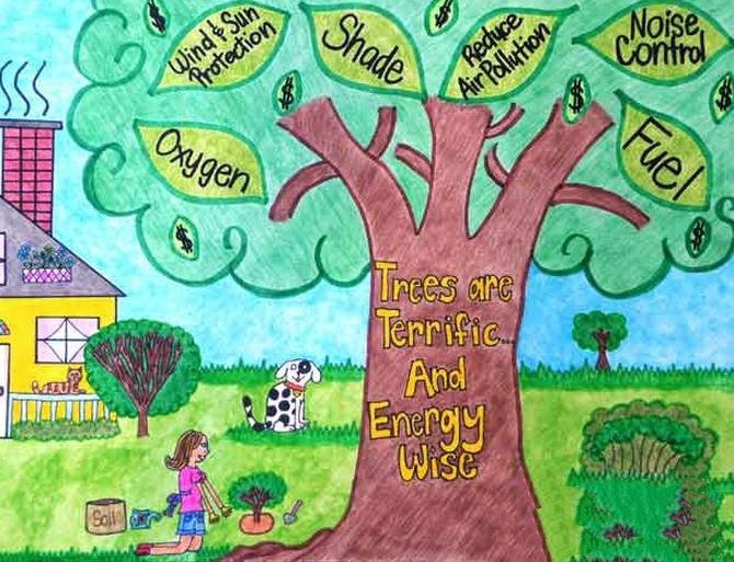 小女孩种树二年级植树节图画赏析