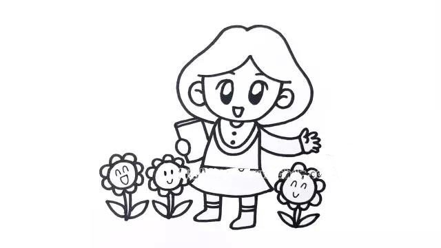 5.在老师的身边画出一些花朵，因为我们经常把老师比喻为“园丁”，而花朵则象征着小朋友们。
