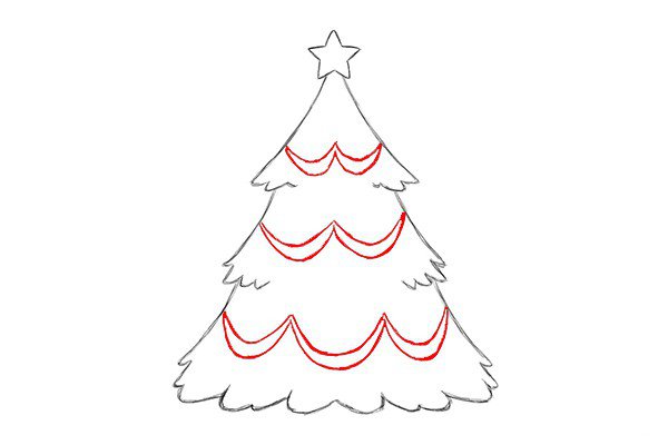 5.在内部画上类似W形状的曲线，作为圣诞树上挂着的彩带。