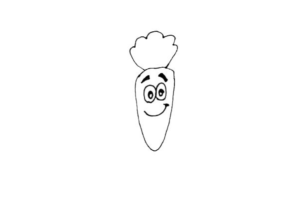 第三步：在里面画上卡通胡萝卜的大眼睛，眉毛，和一个微笑的表情。