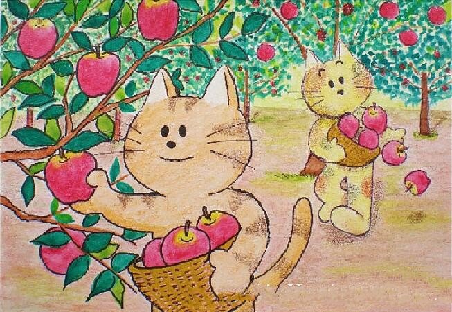 摘果子的小花猫五一劳动节画画图片欣赏