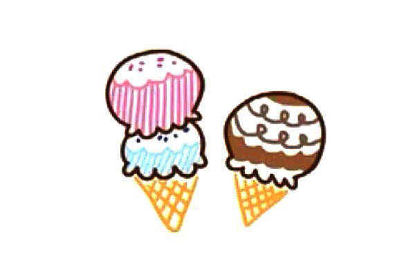 第三步:然后画出下方的冰淇淋筒。根据同样的方法在旁边画出一个只有一个头的冰淇淋。给冰淇淋涂上颜色，也可根据自己喜欢的口味随意涂画。