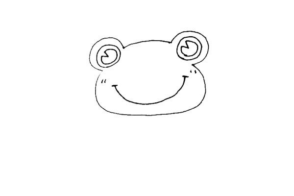 第二步：在缺口处，画上半圆，并在里面再画上一个圆。在圆形的里面，画上一个有缺口的圆形作为青蛙王子的黑眼珠，下面画上一个大弧线的微笑。