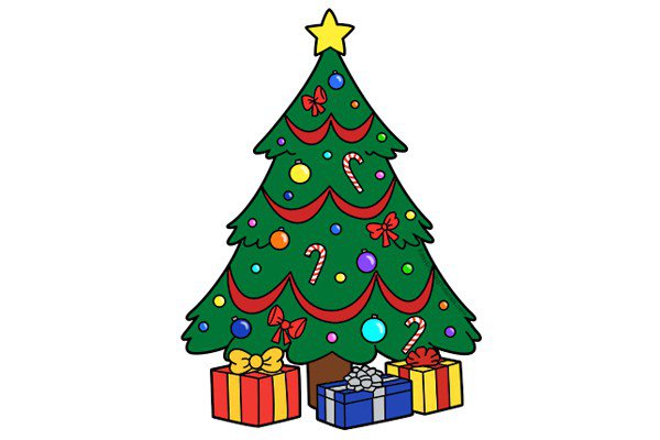 14.最后一步我们用彩色铅笔、标记或蜡笔给圣诞树图着色！用黄色做星星，用红色做丝带。用不同的颜色给圆形装饰物着色。在每个装饰空白的侧面留一小部分以表示光泽。你也可以给圣诞树的装饰物涂上单色的颜色，这取决于你想让圣诞树看起来像什么。使用红色的颜色弓和添加条纹的糖果手杖。    用绿色给树着色。在给树着色时，注意不要把装饰物重叠起来。先把颜色涂得浅一些，然后逐渐变成你喜欢的深色。最后，把圣诞礼物染成任何你想要的颜色！我在第一条上用红橙黄丝带。第二个是蓝色带灰色的丝带，第三个是黄色带红色的丝带。