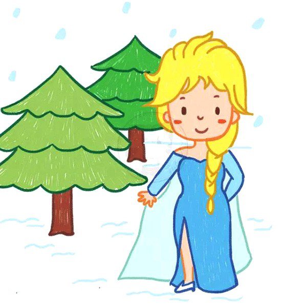 7. 画一幅冰雪女王的场景，需要画好人物之后加一些绿树、雪花等。