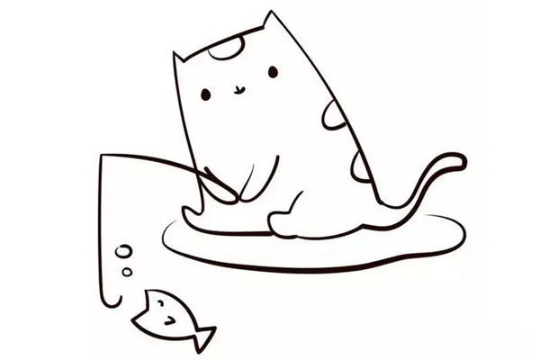 第八步在猫咪的身子下画一个不规则的椭圆形，来当做猫咪坐着的地方。还有，给小鱼张开的嘴上方画两个大小不一的圆形泡泡。