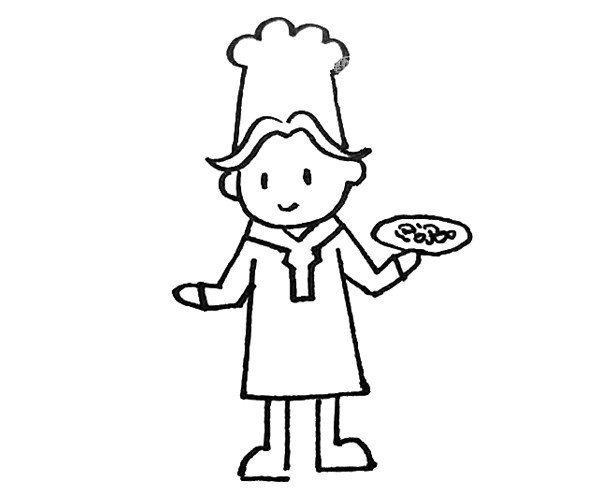 第七步：衣服下面，画下两条横线加上半圆作为脚，还能在厨师手上画上一碟菜。