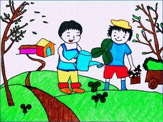 植树节的儿童画-我来浇花