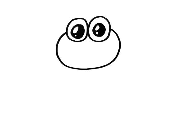 1.青蛙的头部是圆形的，还有两个圆圆的大眼睛，眼睛一定要画大。