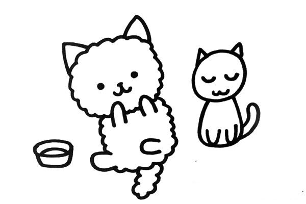 4.画出简单的背景，我画了一个小猫玩偶和一个饭盆。