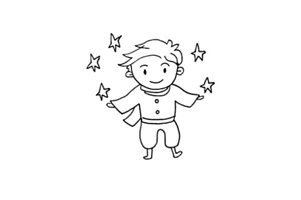 第五步：画上小王子飘逸的围巾和衣服上的纽扣。并且在后面画上几颗星星。