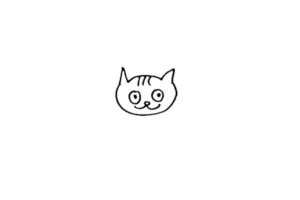 第二步：接着画上小猫的眼睛、小椭圆形状的鼻子和微笑的嘴巴。