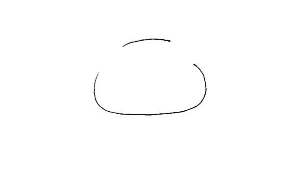 第一步：先画上半个椭圆形，上面再画上一条弧线，留下两个缺口。