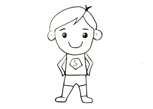 第八步   衣服上画一个超人的标志.裤子和鞋用几条短的横线连接。