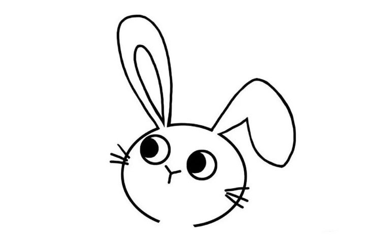 4.接着我们给小兔子画上圆圆的眼睛，注意眼睛是看向左上方的。把小兔子脸上的胡须也画一下，一边三根就行。