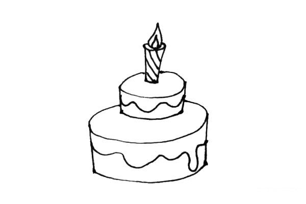第五步：在蛋糕之间，我们用波浪线画出巧克力酱的感觉，有些地方可以画得流下来一些，蜡烛要画上装饰。