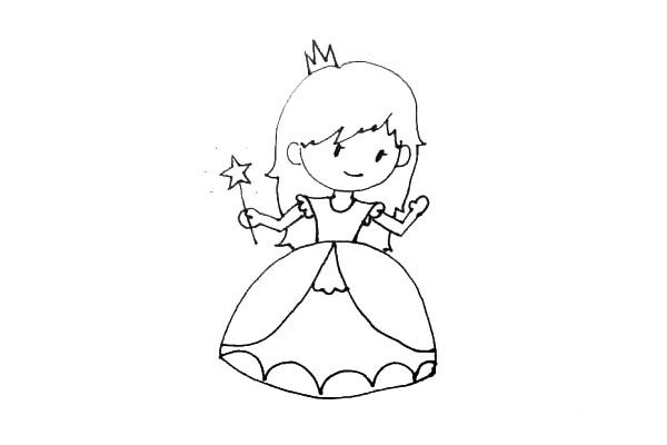 第八步：给小公主的手上画上一个星星魔杖，头上用几个尖角画出王冠。