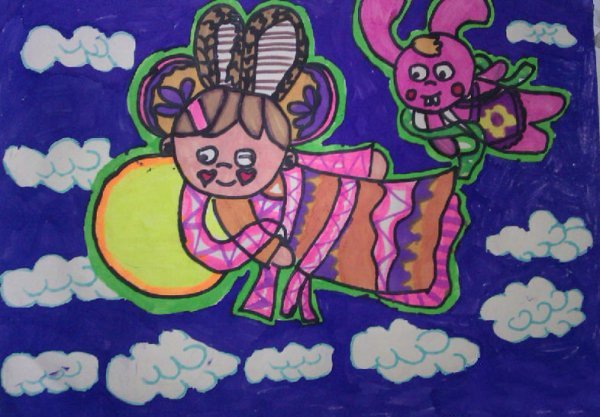 关于中秋节儿童画-嫦娥奔月