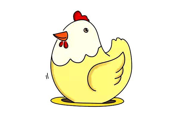 第八步:把母鸡的鸡冠涂成红色，嘴巴橙红色，头顶到脖子的羽毛涂成米色，脖子以下的羽毛涂成黄色，水面呈姜黄色。也可自由发挥。