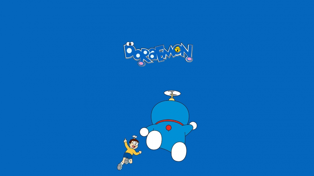 一组蓝色背景可爱的哆啦A梦