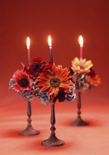 点燃的蜡烛与花朵图片