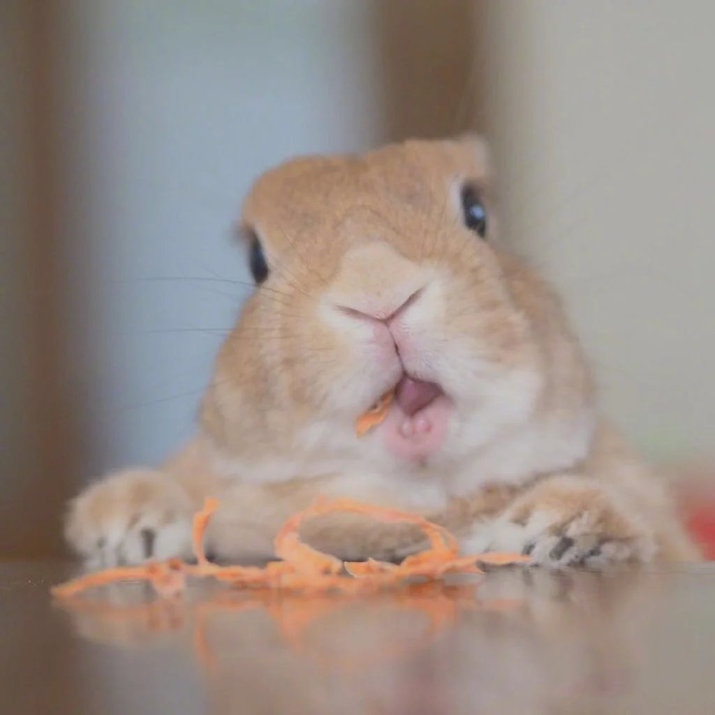 爱吃东西吐舌头的萌萌橘黄色兔子
