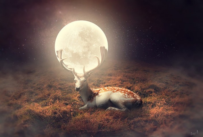 奇幻合成，制作角上连着月亮的小鹿