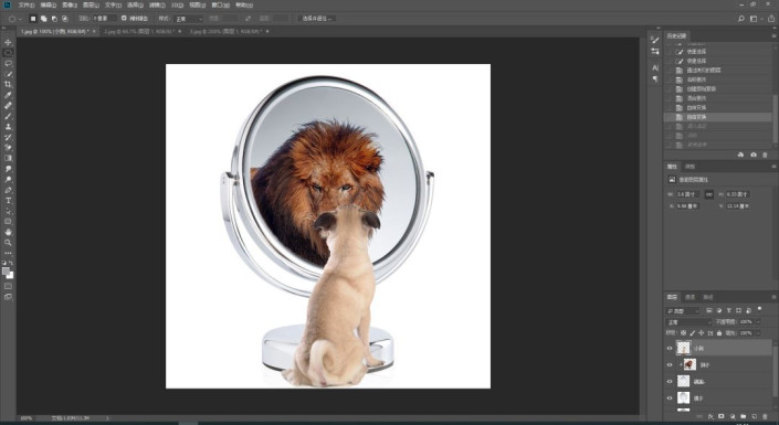 创意合成，合成一种小狗照镜子的创意场景