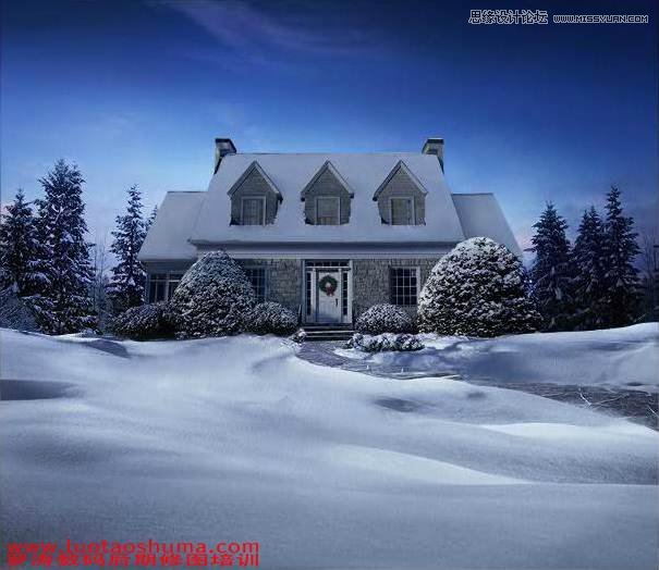 Photoshop冬季雪景中的别墅冷色效果
